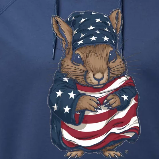 Squirrel American Flag USA Tee 4th July Gifts Graphic Tees Performance Fleece Hoodie