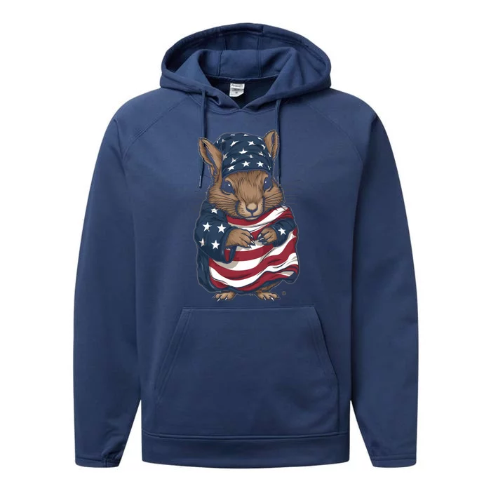 Squirrel American Flag USA Tee 4th July Gifts Graphic Tees Performance Fleece Hoodie