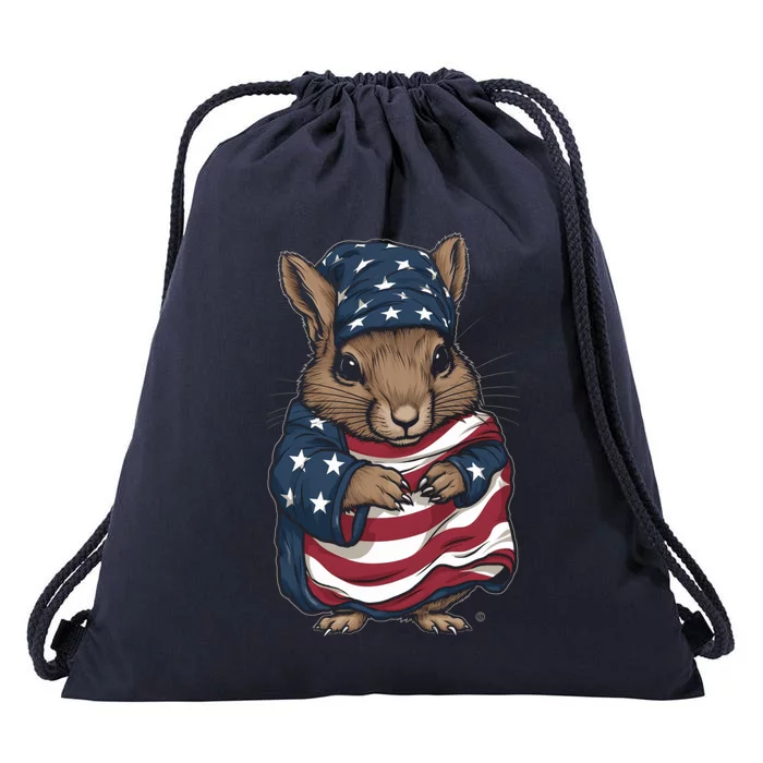 Squirrel American Flag USA Tee 4th July Gifts Graphic Tees Drawstring Bag