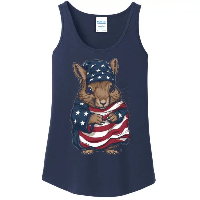 Squirrel American Flag USA Tee 4th July Gifts Graphic Tees Ladies Essential Tank