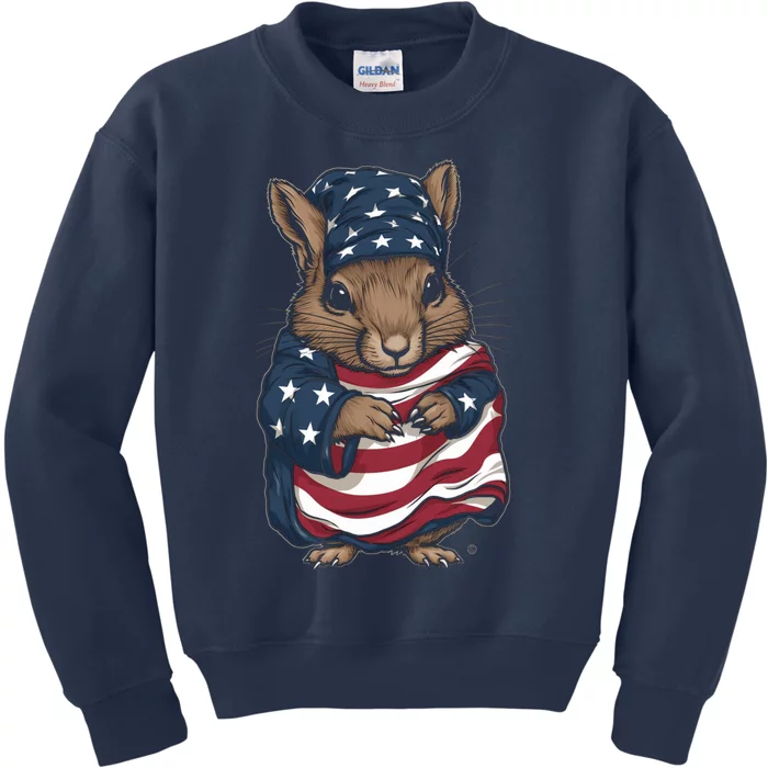 Squirrel American Flag USA Tee 4th July Gifts Graphic Tees Kids Sweatshirt