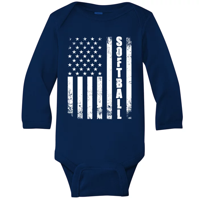 Softball American Flag Usa Sport Patriotic Softball Player Funny Gift Baby Long Sleeve Bodysuit