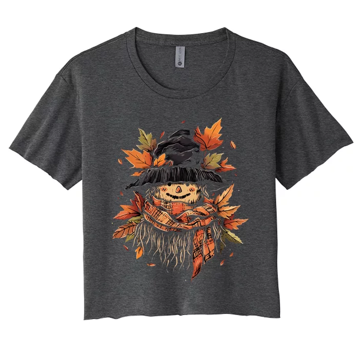 Scarecrow Autumn Fall Leaves Thanksgiving Halloween Women's Crop Top Tee