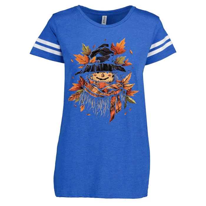 Scarecrow Autumn Fall Leaves Thanksgiving Halloween Enza Ladies Jersey Football T-Shirt