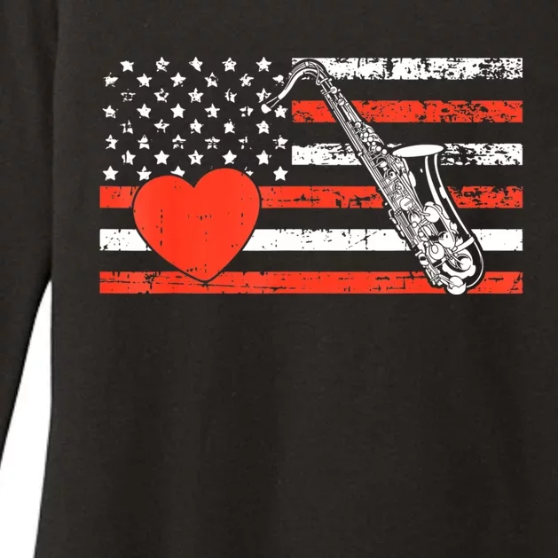 Saxophone American Flag Heart Valentines Day Cool Musician Womens CVC Long Sleeve Shirt