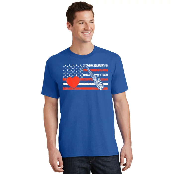 Saxophone American Flag Heart Valentines Day Cool Musician T-Shirt