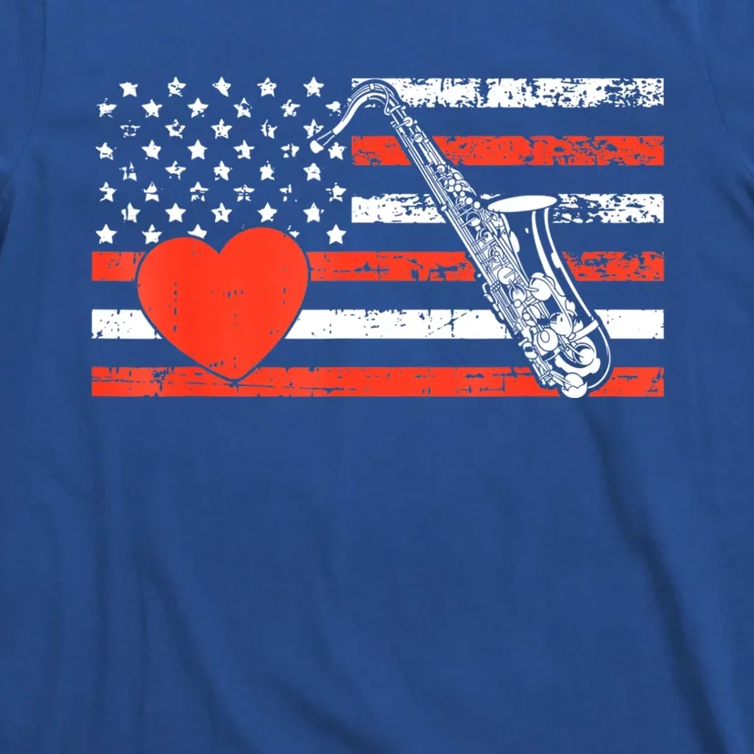 Saxophone American Flag Heart Valentines Day Cool Musician T-Shirt