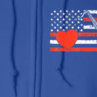 Saxophone American Flag Heart Valentines Day Cool Musician Full Zip Hoodie