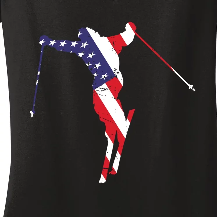 Skiing American Flag Skiing Lover Gift For Skier Women's V-Neck T-Shirt