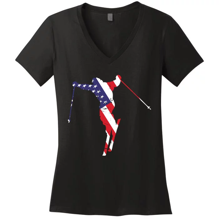 Skiing American Flag Skiing Lover Gift For Skier Women's V-Neck T-Shirt