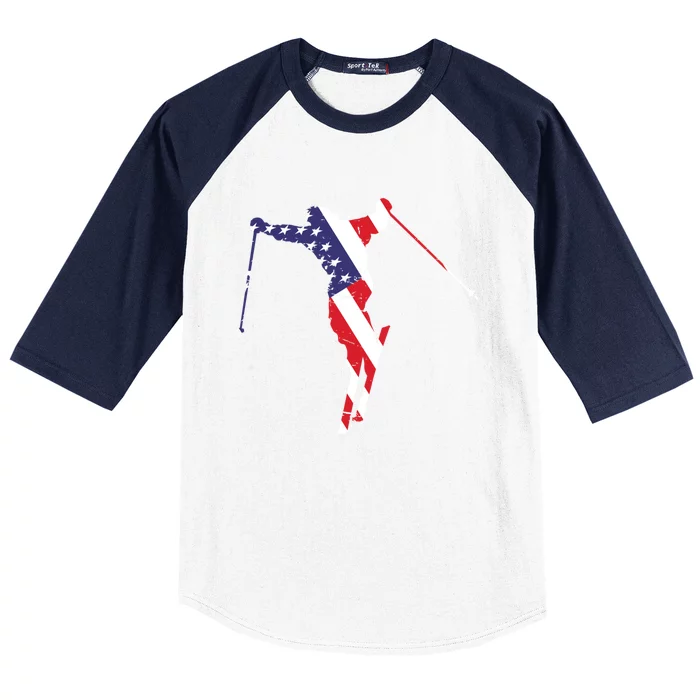 Skiing American Flag Skiing Lover Gift For Skier Baseball Sleeve Shirt