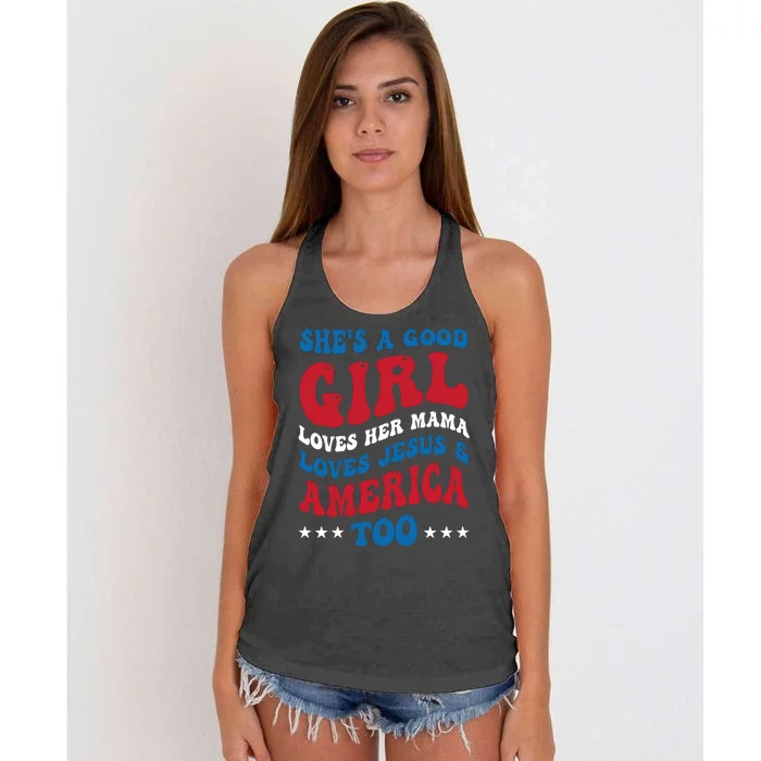 Shes A Good Girl Loves Her Mama Jesus & America Too Groovy Women's Knotted Racerback Tank