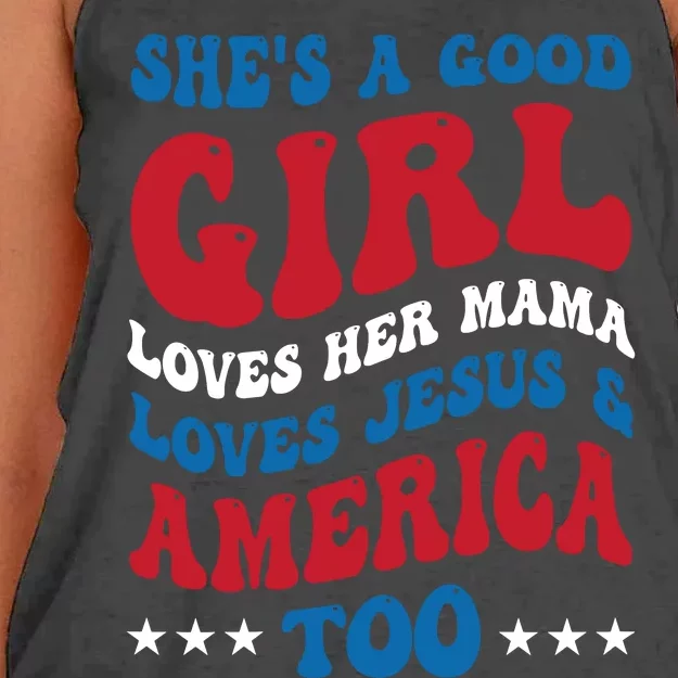 Shes A Good Girl Loves Her Mama Jesus & America Too Groovy Women's Knotted Racerback Tank