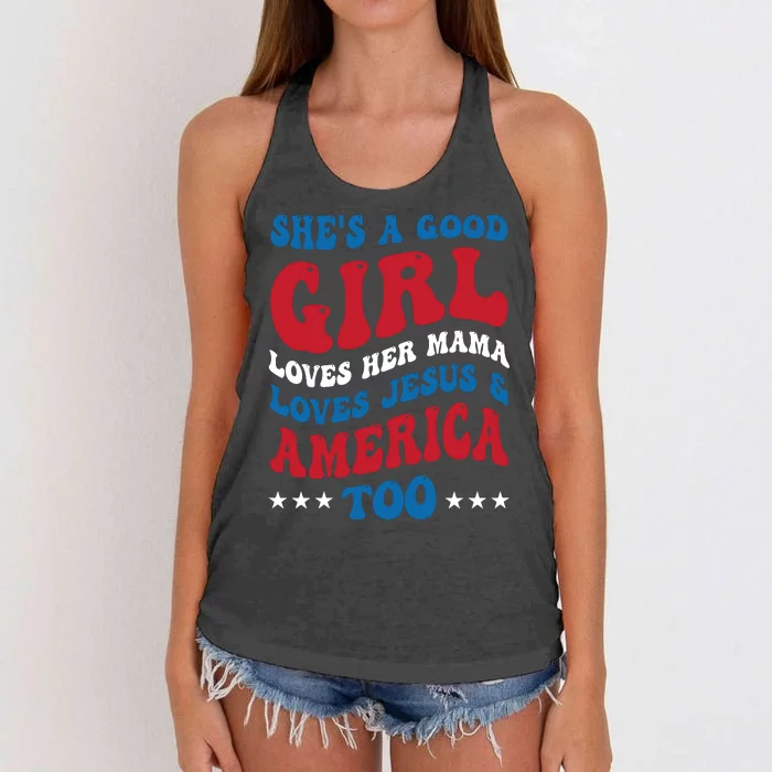 Shes A Good Girl Loves Her Mama Jesus & America Too Groovy Women's Knotted Racerback Tank