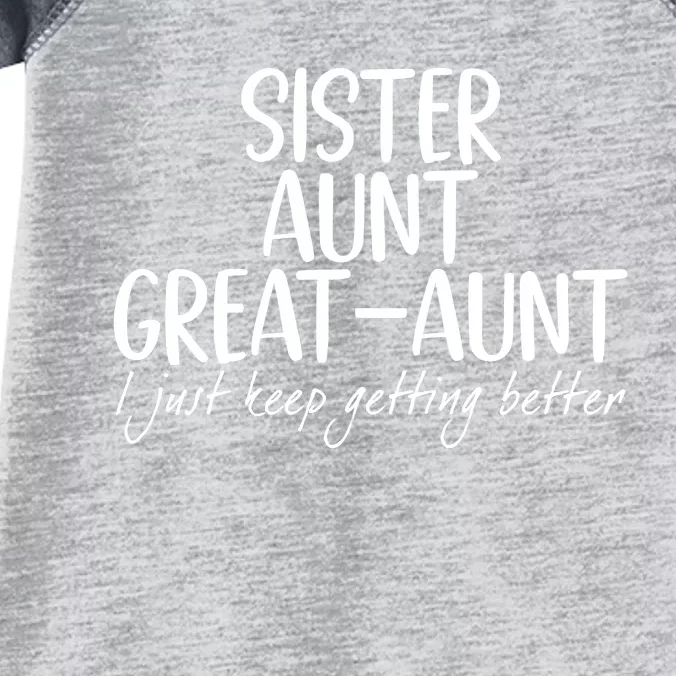 Sister Aunt Great Aunt I Just Keep Getting Better Infant Baby Jersey Bodysuit