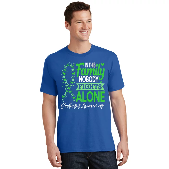 Scoliosis Awareness Green In This Family Nobody Fights Alone Funny Gift T-Shirt