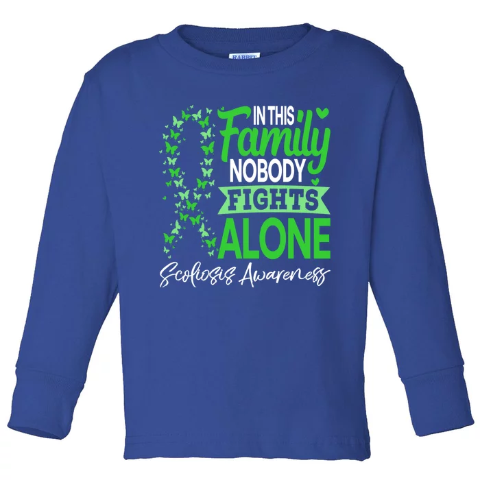 Scoliosis Awareness Green In This Family Nobody Fights Alone Funny Gift Toddler Long Sleeve Shirt