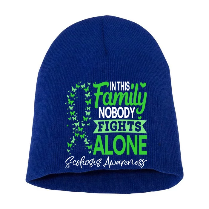 Scoliosis Awareness Green In This Family Nobody Fights Alone Funny Gift Short Acrylic Beanie