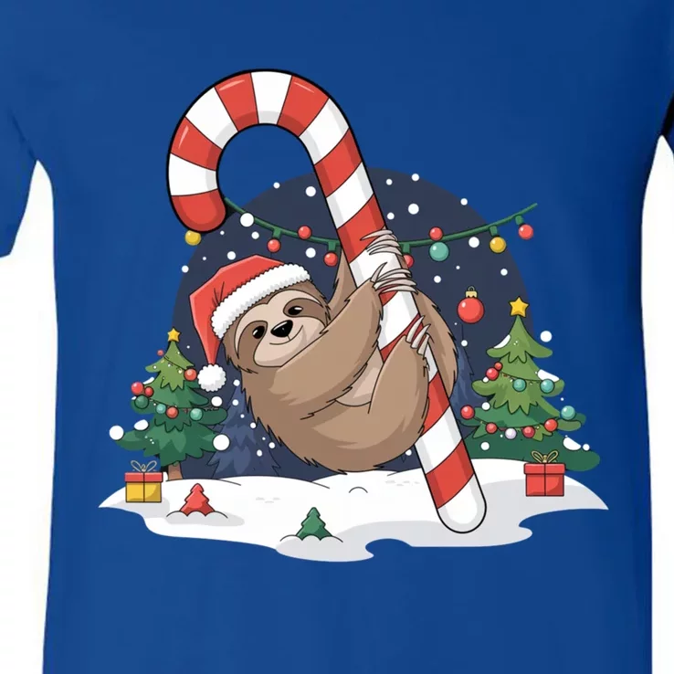 Sloth And Giant Candy Cane Christmas Pajama For Sloth Lovers Meaningful Gift V-Neck T-Shirt