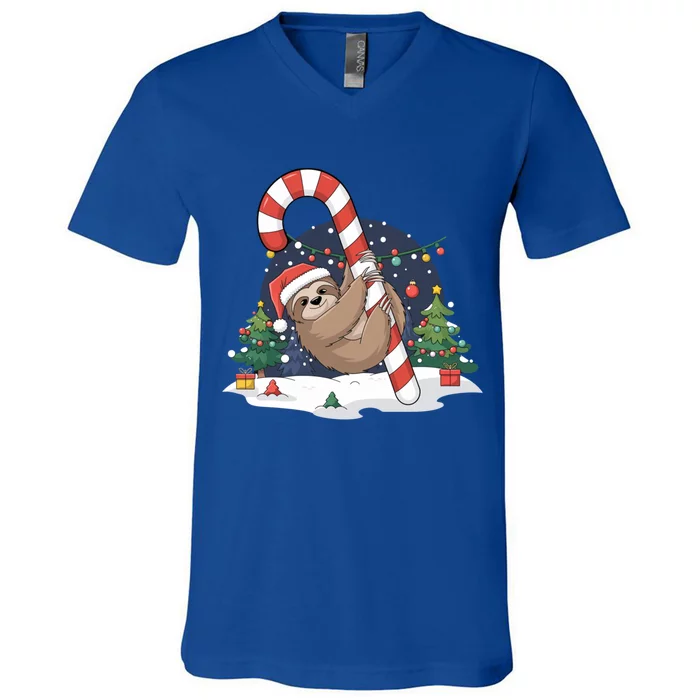 Sloth And Giant Candy Cane Christmas Pajama For Sloth Lovers Meaningful Gift V-Neck T-Shirt