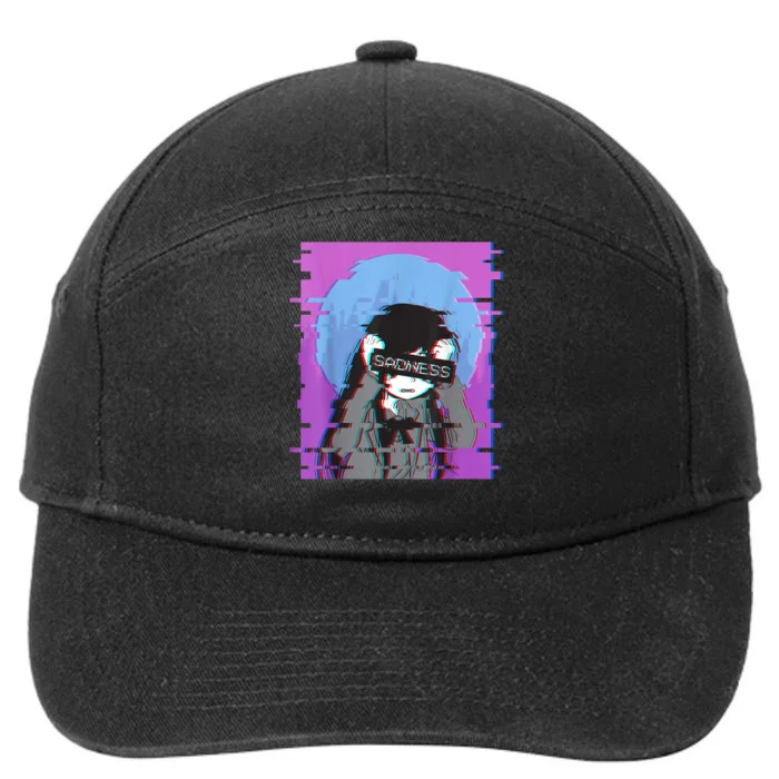 Sad Anime Girl Japanese Aesthetic Vaporwave Anime Otaku 7-Panel Snapback Hat