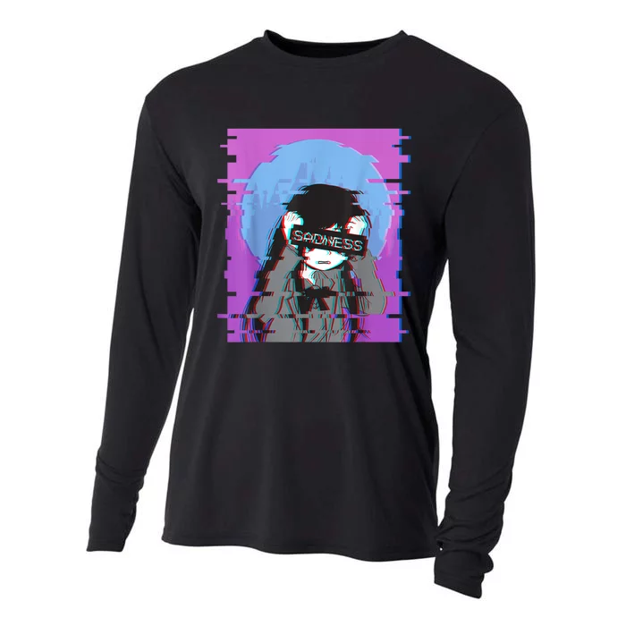 Sad Anime Girl Japanese Aesthetic Vaporwave Anime Otaku Cooling Performance Long Sleeve Crew