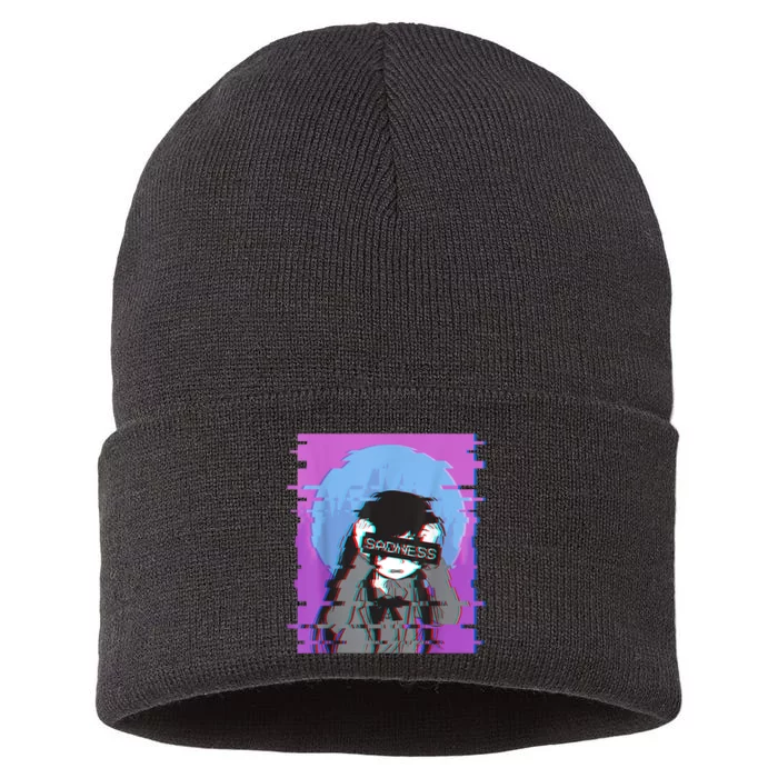 Sad Anime Girl Japanese Aesthetic Vaporwave Anime Otaku Sustainable Knit Beanie