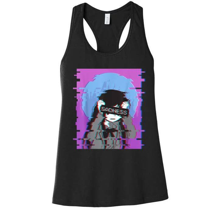 Sad Anime Girl Japanese Aesthetic Vaporwave Anime Otaku Women's Racerback Tank