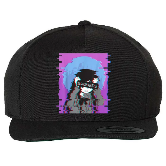 Sad Anime Girl Japanese Aesthetic Vaporwave Anime Otaku Wool Snapback Cap