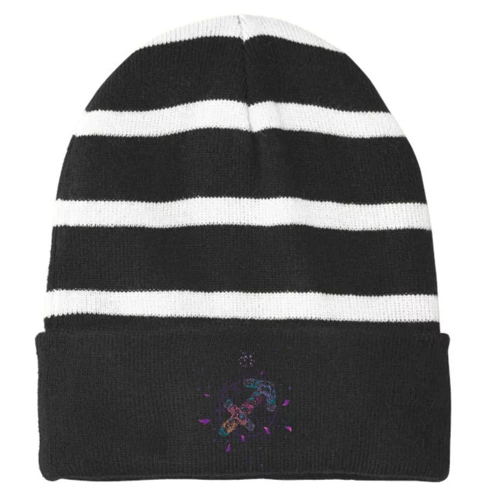 Sagittarius Floral Zodiac Striped Beanie with Solid Band