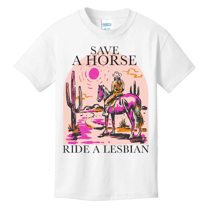 Save A Horse Ride A Lesbian Cowboy Lgbtq Western Retro Kids T-Shirt