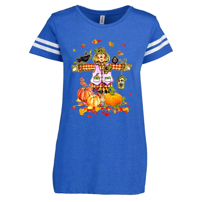 Scarecrow Autumn Hello Fall Pumpkin Thanksgiving Halloween Enza Ladies Jersey Football T-Shirt