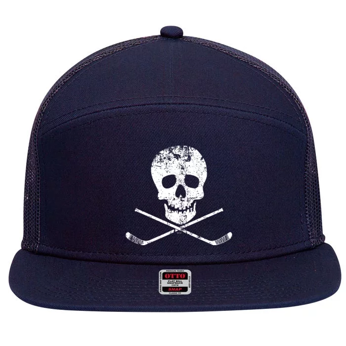 Skull And Hockey Stick Crossbones Hockey Skull 7 Panel Mesh Trucker Snapback Hat