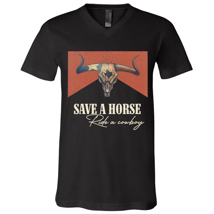 Save A Horse Ride A Cow Vintage Western Bull Skull V-Neck T-Shirt