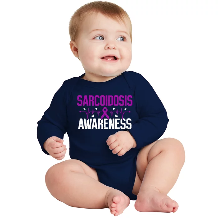 Sarcoidosis Awareness Heartbeat Purple Ribbon Month Support Gift Baby Long Sleeve Bodysuit