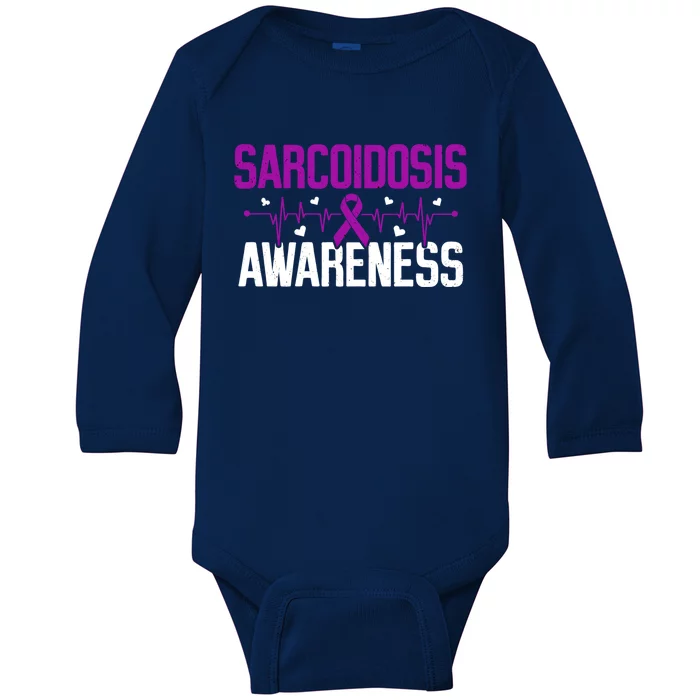 Sarcoidosis Awareness Heartbeat Purple Ribbon Month Support Gift Baby Long Sleeve Bodysuit