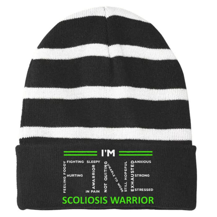 Scoliosis Awareness I´M Fine Green Ribbon Fighter Striped Beanie with Solid Band