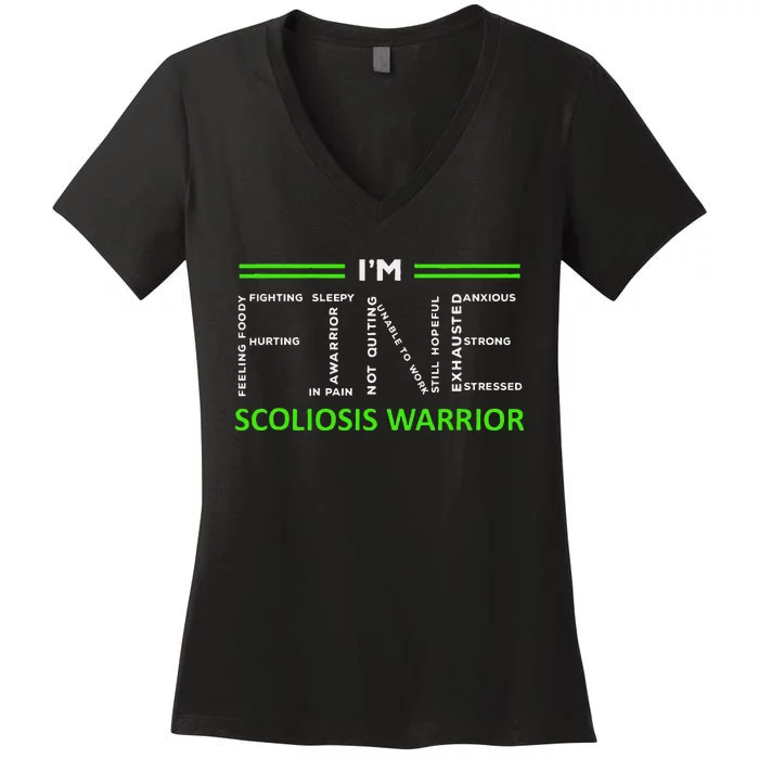 Scoliosis Awareness I´M Fine Green Ribbon Fighter Women's V-Neck T-Shirt