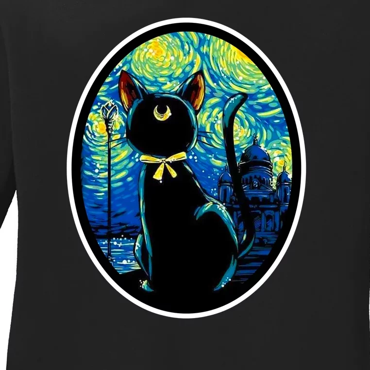 Sailor Moon Cat Starry Night Van Gogh Ladies Long Sleeve Shirt