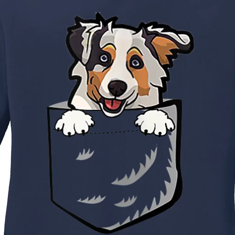 S Adorable Little Australian Shepherd Dog In The Pocket Vneck Ladies Long Sleeve Shirt