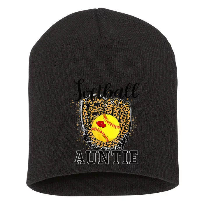 Softball Auntie Leopard Game Day Aunt Mother Short Acrylic Beanie