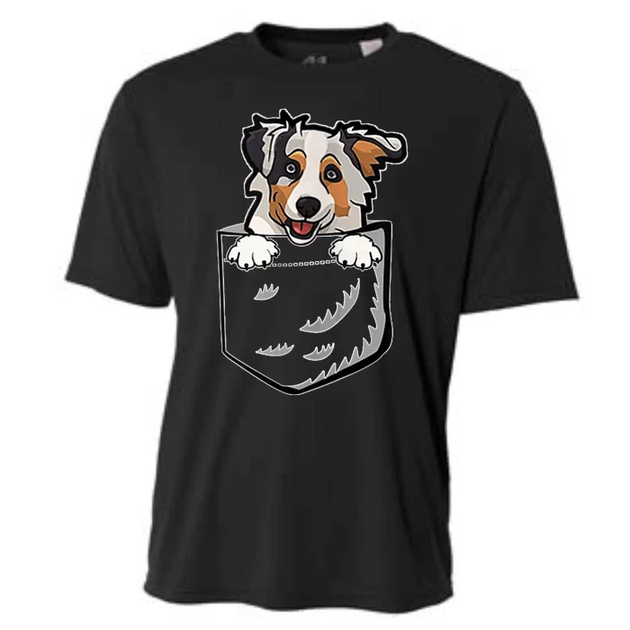 S Adorable Little Australian Shepherd Dog In The Pocket V Neck Cooling Performance Crew T-Shirt