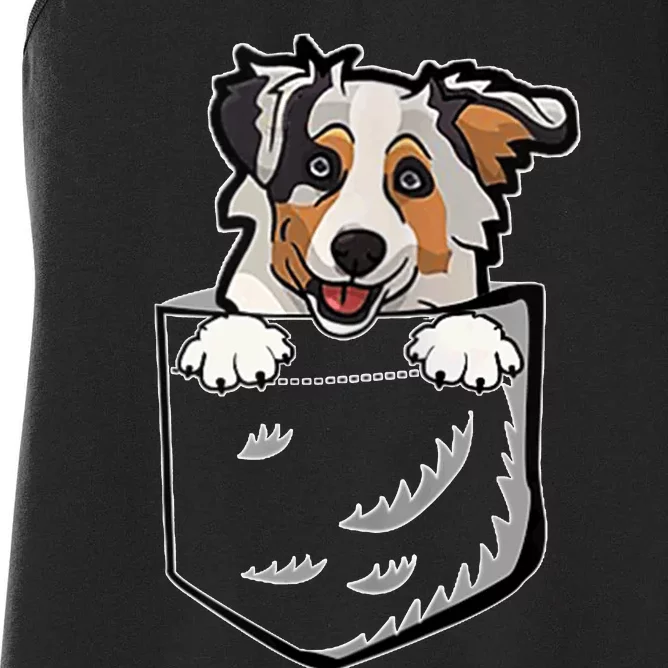 S Adorable Little Australian Shepherd Dog In The Pocket V Neck Women's Racerback Tank