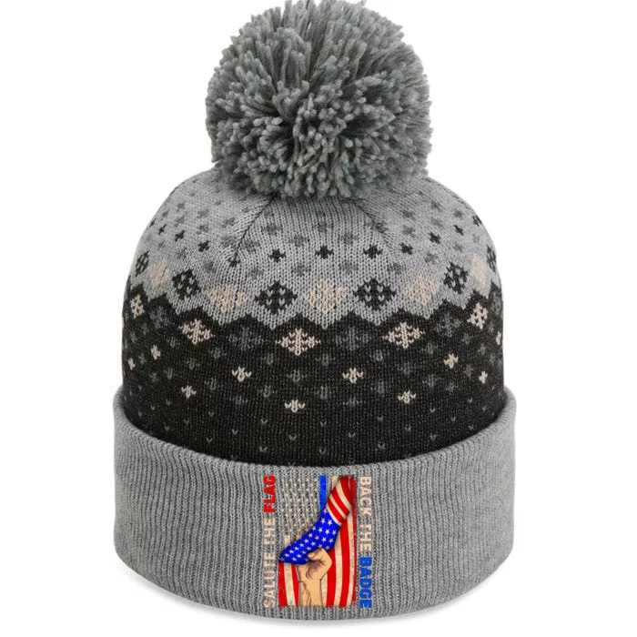 Salute The Flag Back The Badge American Thin Blue Line The Baniff Cuffed Pom Beanie