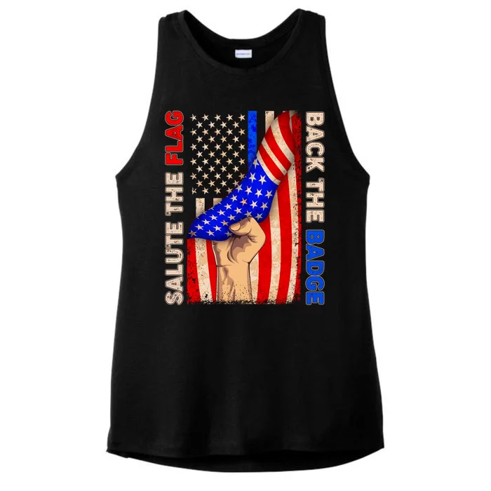 Salute The Flag Back The Badge American Thin Blue Line Ladies Tri-Blend Wicking Tank