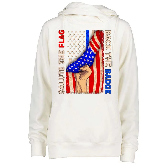 Salute The Flag Back The Badge American Thin Blue Line Womens Funnel Neck Pullover Hood