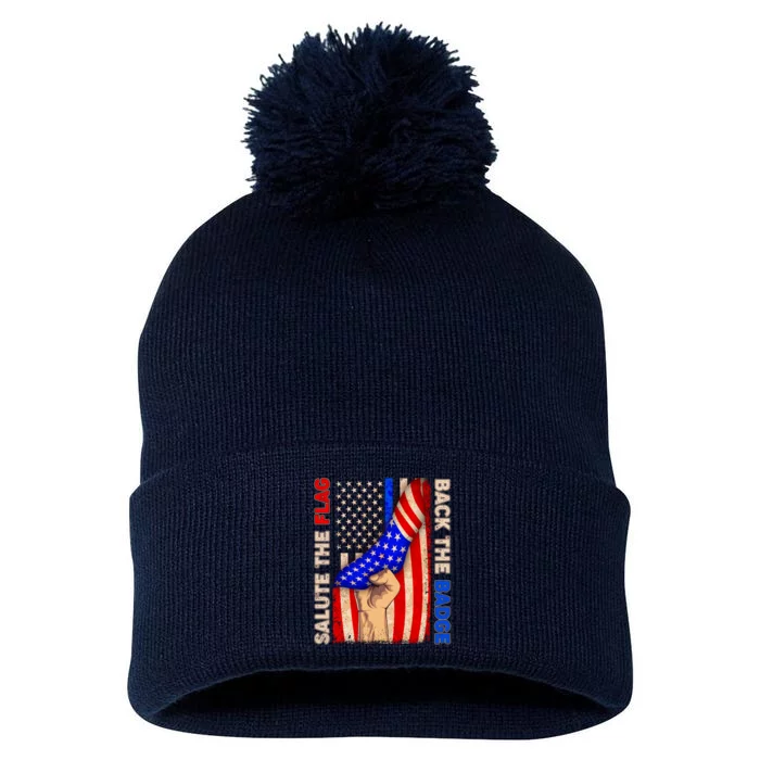 Salute The Flag Back The Badge American Thin Blue Line Pom Pom 12in Knit Beanie