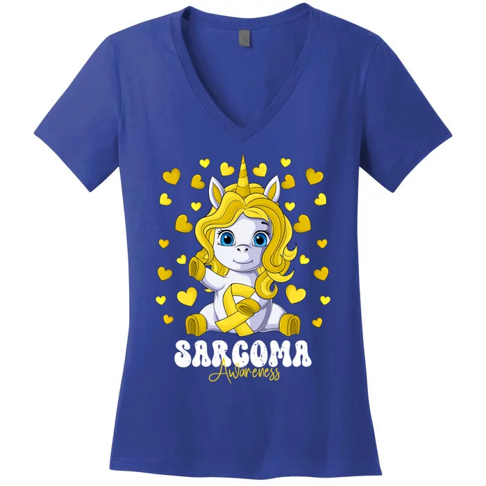 Sarcoma Awareness Month Yellow Ribbon Unicorn Great Gift Women's V-Neck T-Shirt