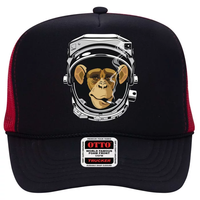 Space Astronaut Monkey Wearing Helmet Smoking A Joint Gift High Crown Mesh Trucker Hat