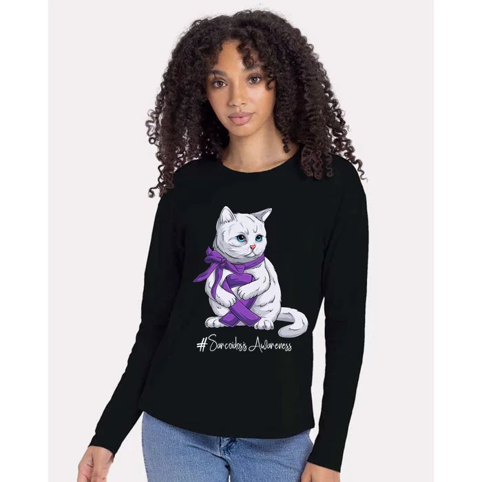 Sarcoidosis Awareness Month Purple Ribbon Cat Gift Womens Cotton Relaxed Long Sleeve T-Shirt